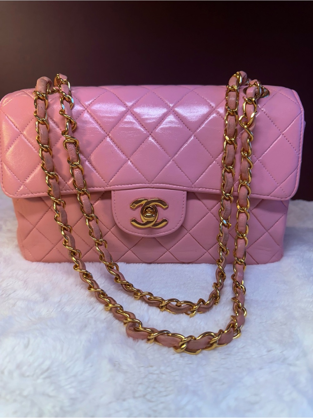 CHANEL Vintage RARE Pink and Gold double turnlock Quilted Bag
